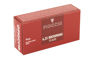 Fiocchi 25 ACP 50 grain FMJ 50-round box, brass-cased range ammunition