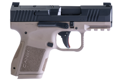 Canik Mete MC9 9mm pistol with black slide and flat dark earth polymer frame, 3.18 in barrel